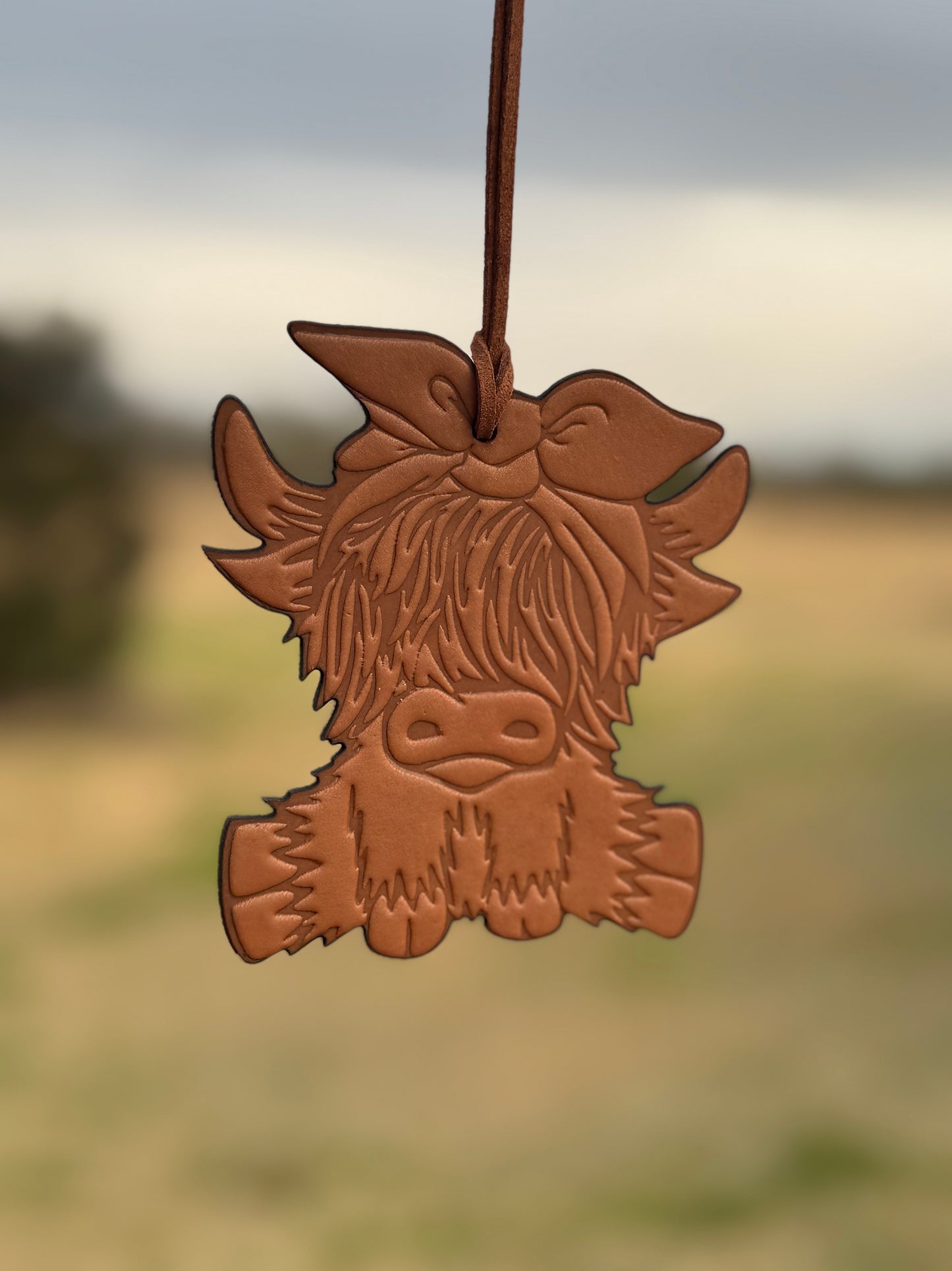 Genuine Leather Highland Cow with Bow Car Charm