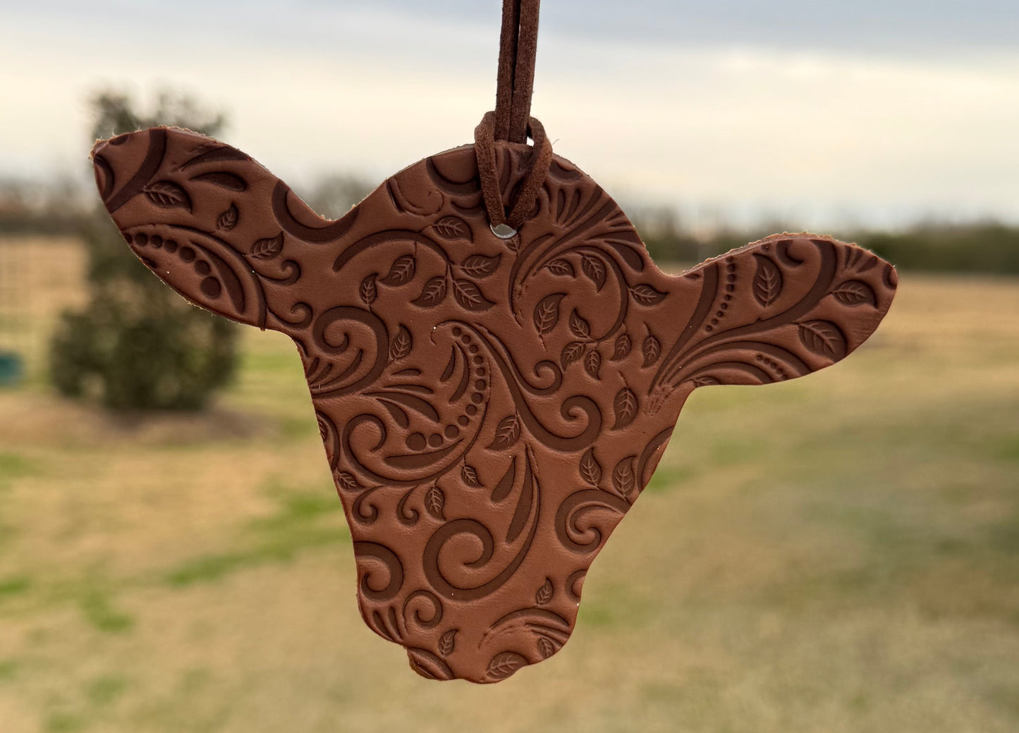 Genuine Leather Tooled Cow Car Charm