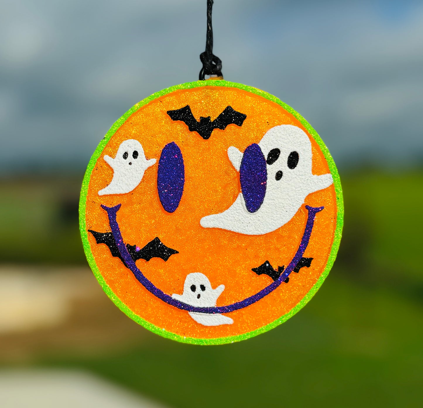 Halloween Smiling Face with bats and ghosts