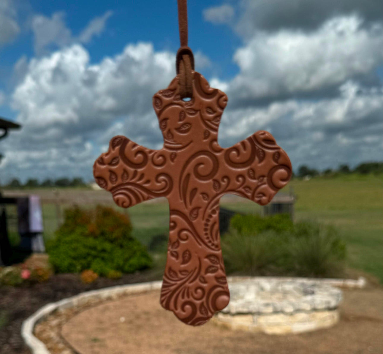 Genuine Leather Tooled Cross Car Charm