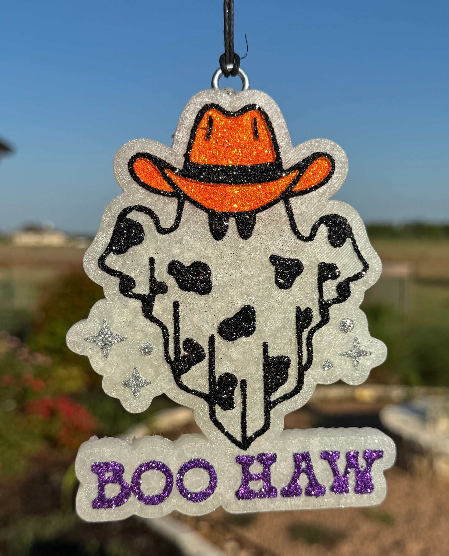 BOO-HAW Ghost with Cow print and Cowboy Hat