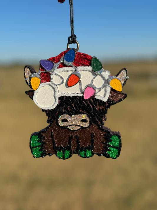 Highland Cow with Santa Hat & Christmas Lights
