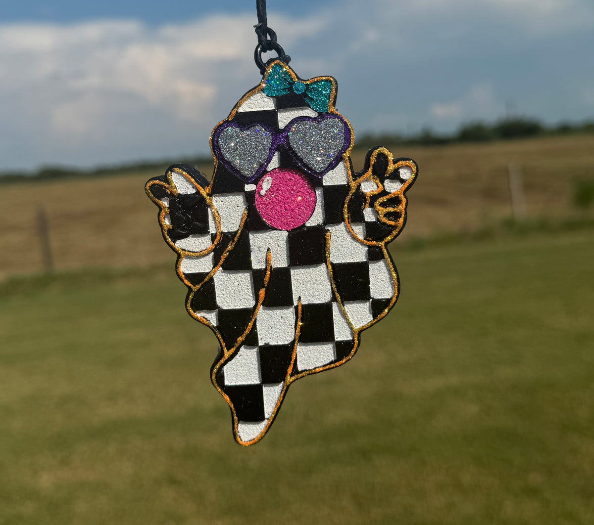 Checked Ghost Checkered Ghost with Peace Sign Blowing Bubble – Scent Story Freshies