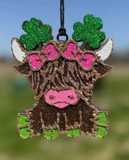 Highland Cow with Clovers