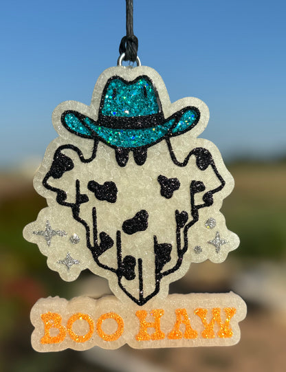 BOO-HAW Ghost with Cow print and Cowboy Hat