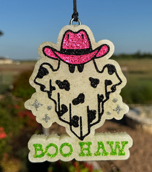BOO-HAW Ghost with Cow print and Cowboy Hat